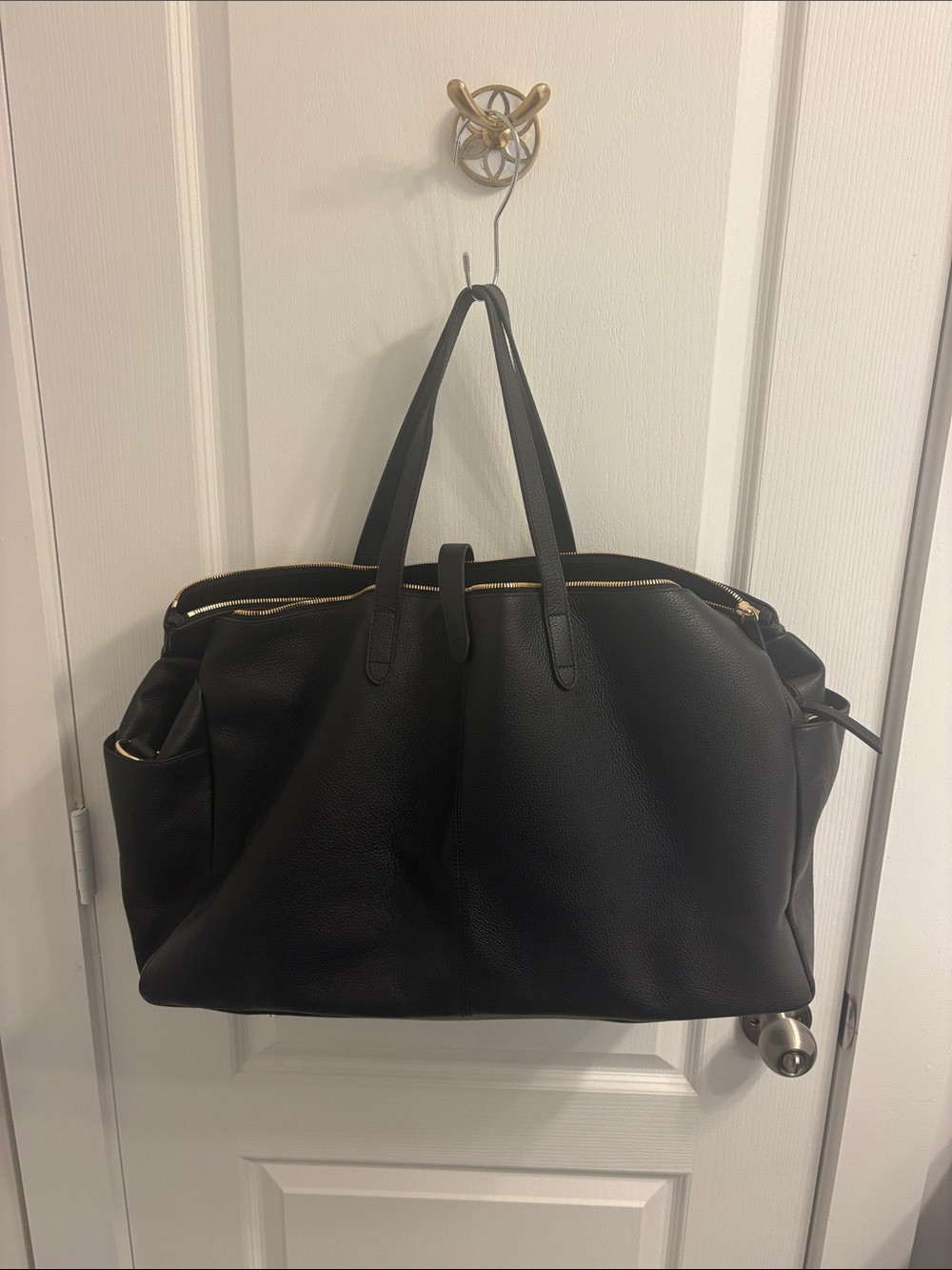 Italian Black Leather Triple Compartment Weekender 20 in. x 6 in. x 12 in.